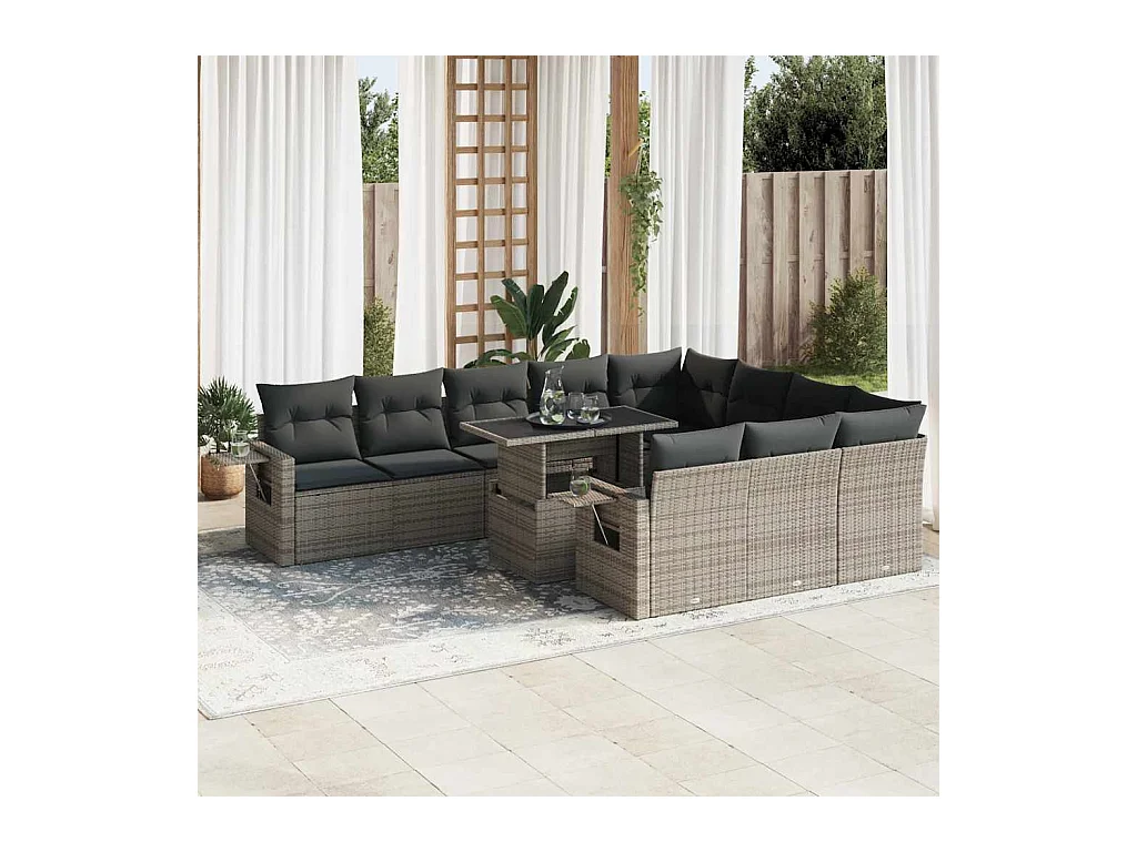 Salon de jardin 11 pcs avec coussins gris résine tressée