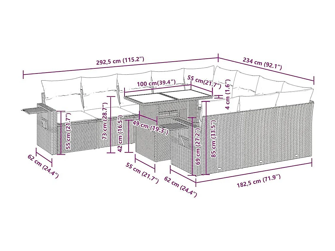 Salon de jardin 11 pcs avec coussins gris résine tressée