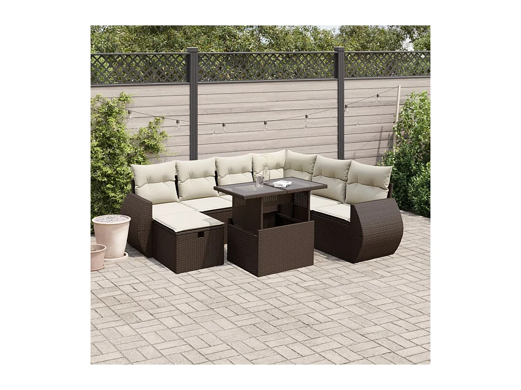 Set sofás de jardín 8 piezas y cojines ratán sintético marrón