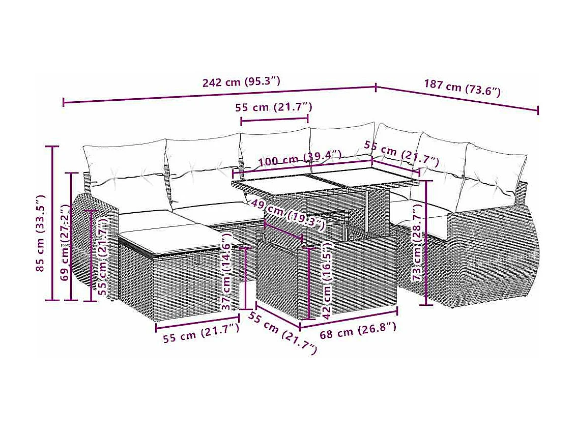 Set sofás de jardín 8 piezas y cojines ratán sintético marrón