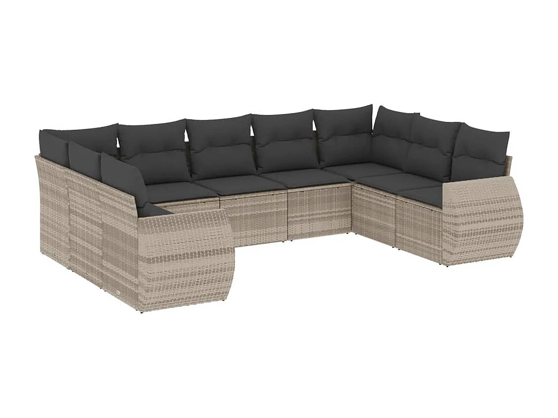 Salon de jardin 9 pcs avec coussins gris clair résine tressée