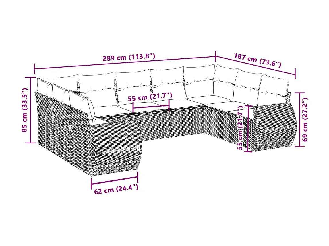 Salon de jardin 9 pcs avec coussins gris clair résine tressée
