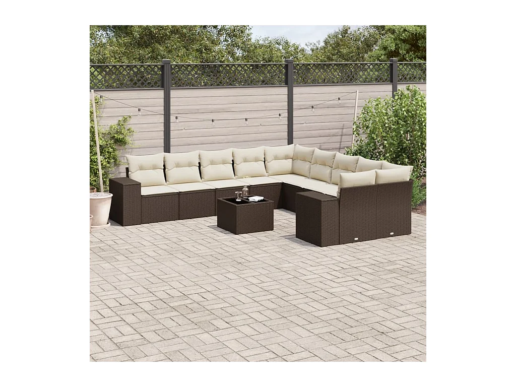 Salon de jardin et coussins 11 pcs marron résine tressée