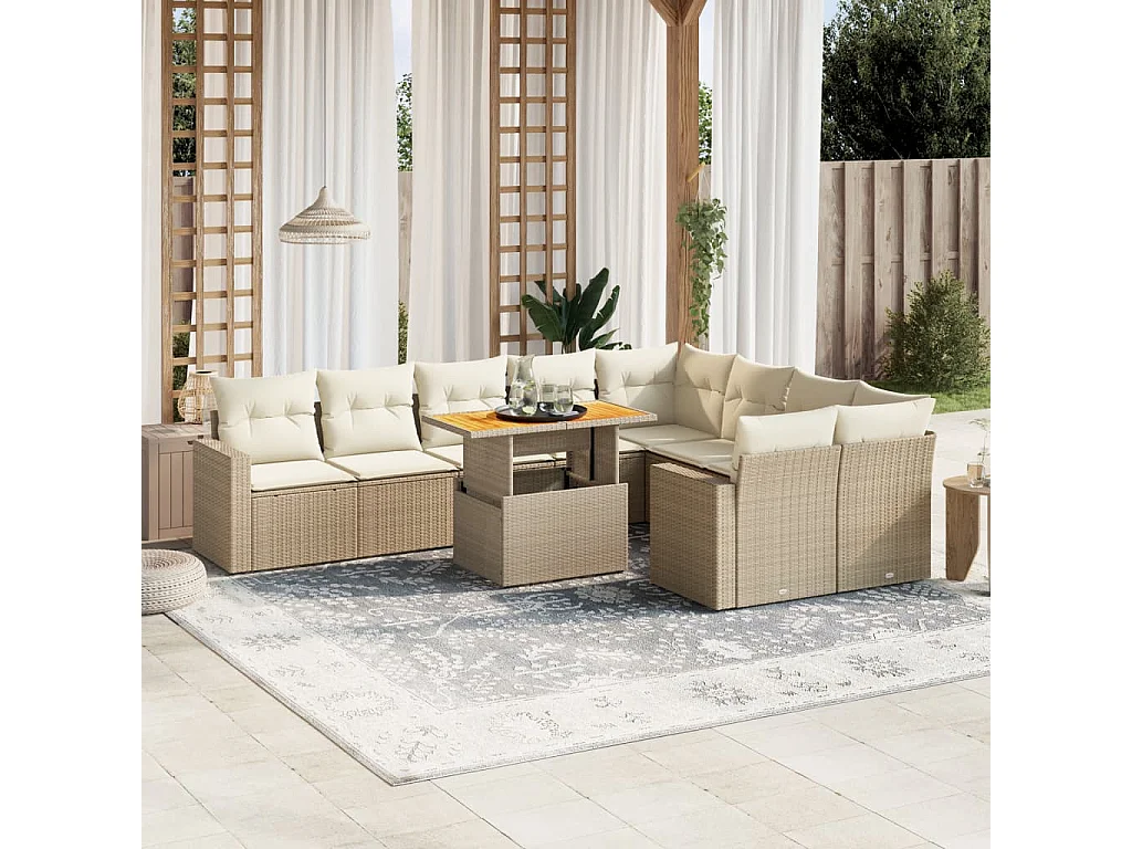 Salon de jardin avec coussins 10 pcs beige résine tressée