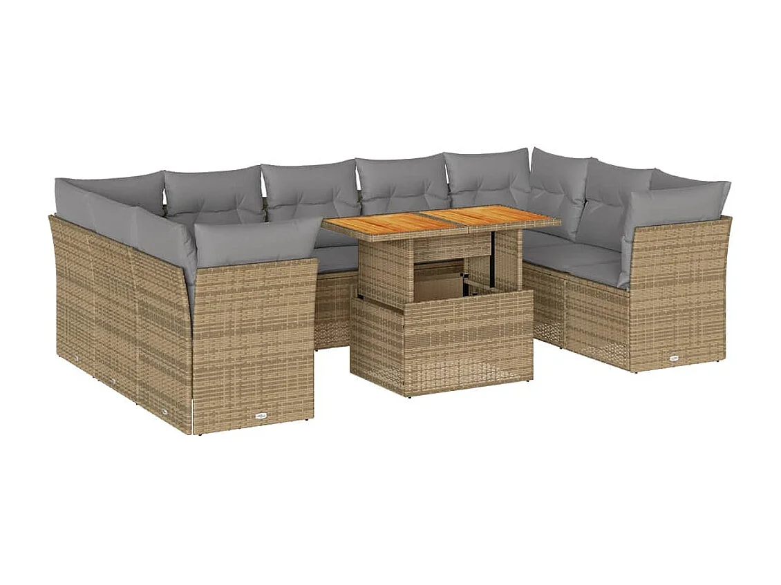 Set Divano da Giardino 10 pz con Cuscini Beige in Polyrattan