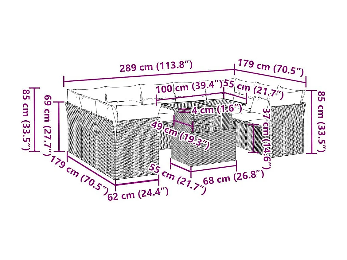 10 pcs conjunto de sofás p/ jardim com almofadões vime PE bege