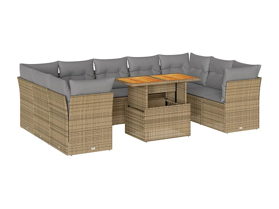 10-delige Loungeset met kussens poly rattan beige
