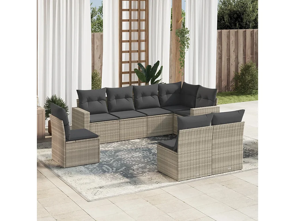 Salon de jardin 8 pcs avec coussins gris clair résine tressée