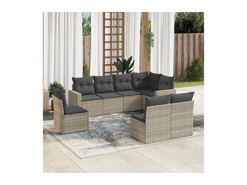 Salon de jardin 8 pcs avec coussins gris clair résine tressée
