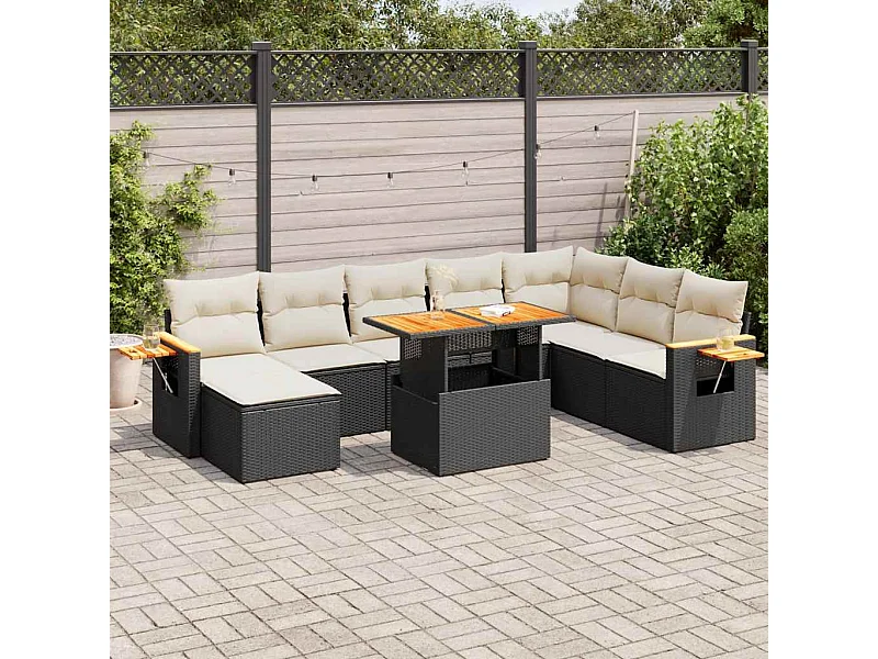 Set Divani da Giardino 9 pz con Cuscini Nero Polyrattan Acacia