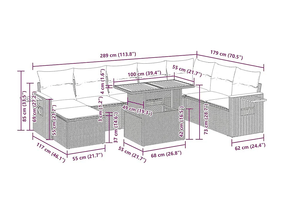 Set sofás jardín y cojines 9 pzas ratán sintético acacia negro