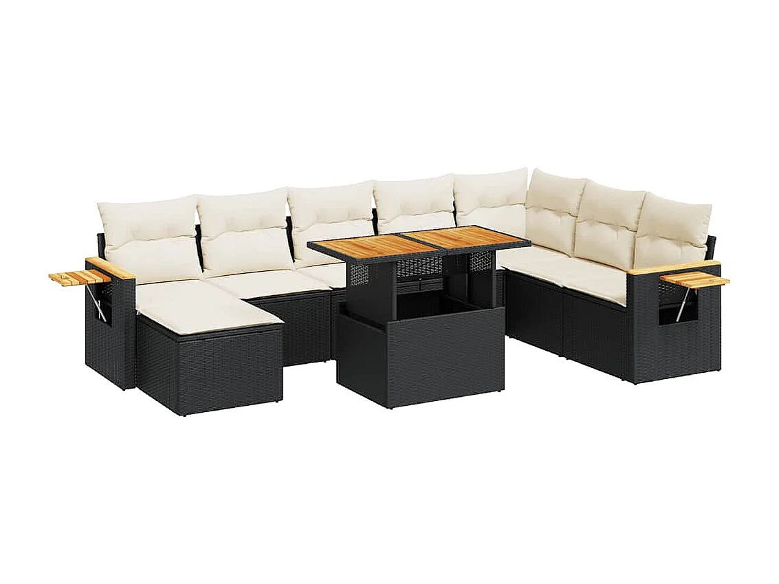 Salon de jardin avec coussins 9 pcs noir résine tressée acacia