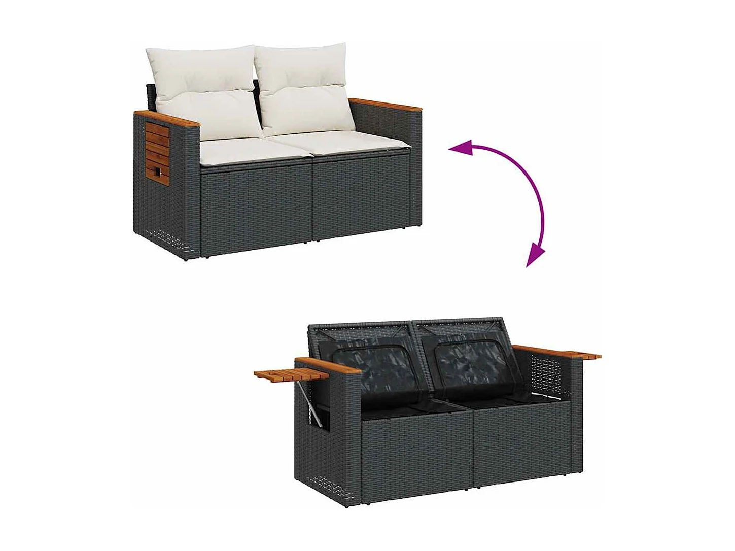 Salon de jardin avec coussins 9 pcs noir résine tressée acacia