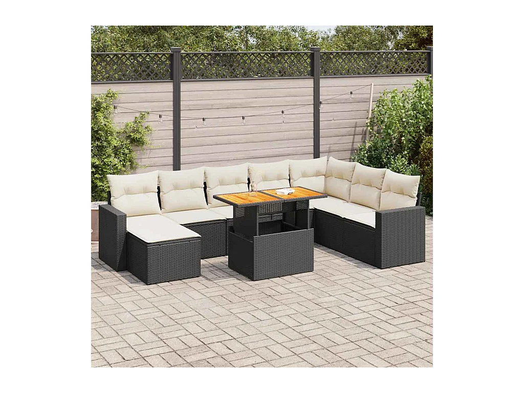 Set Divani da Giardino 9 pz con Cuscini Nero in Polyrattan