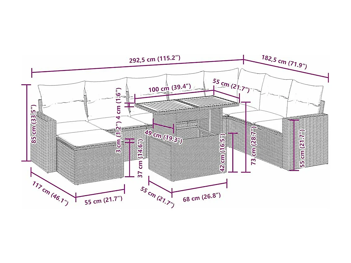 Set de sofás de jardín con cojines 9 pzas ratán sintético negro
