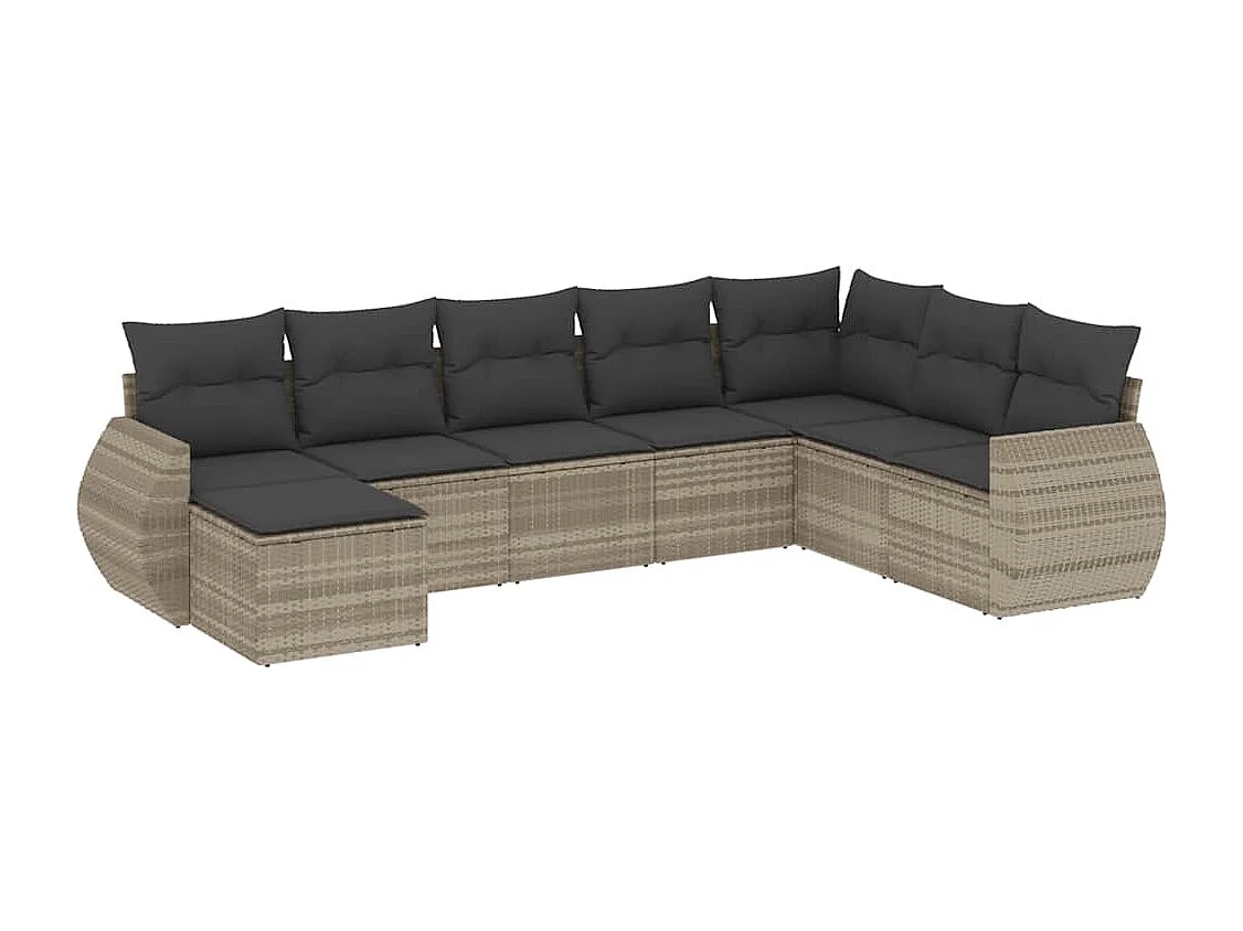 8 pcs conj. sofás jardim c/ almofadões vime PE cinzento-claro