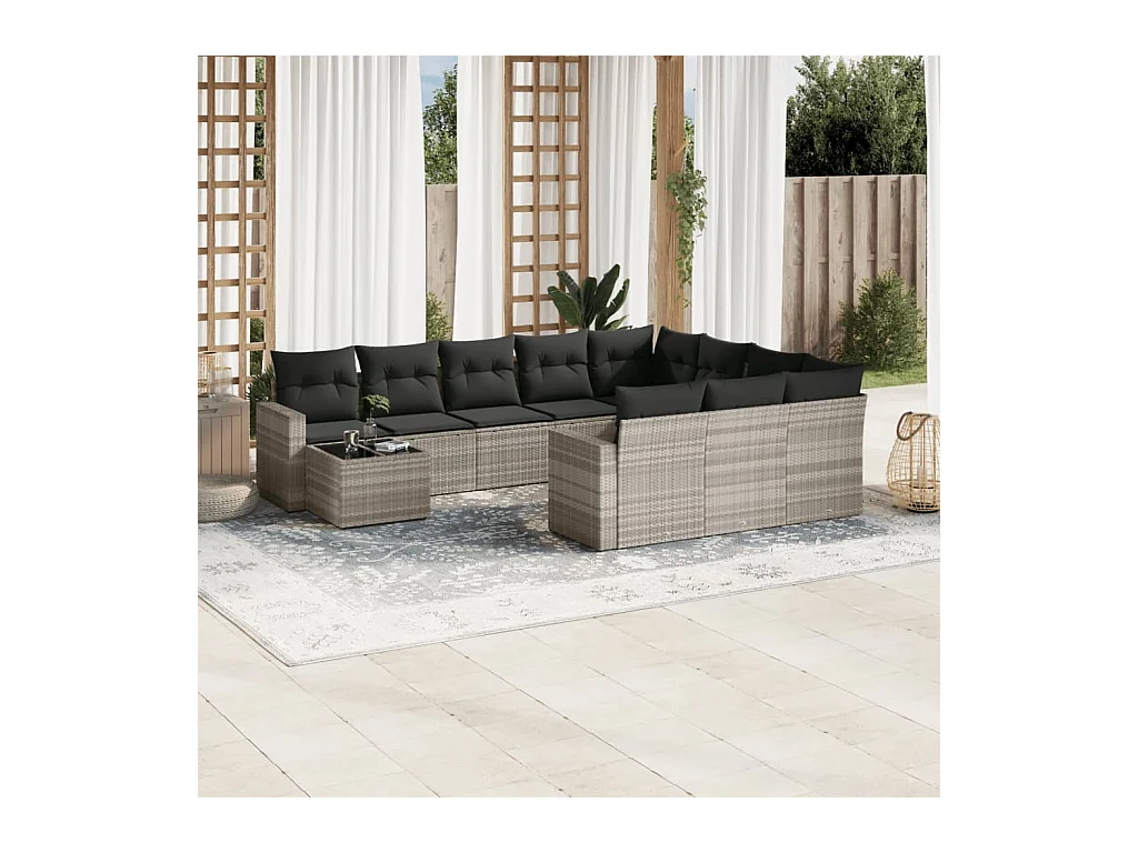 Salon de jardin 11 pcs avec coussins gris clair résine tressée