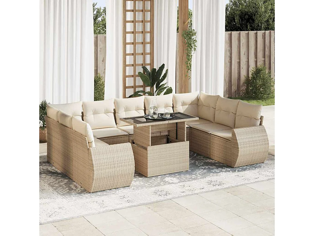 10-tlg. Garten-Sofagarnitur mit Kissen Beige Poly Rattan