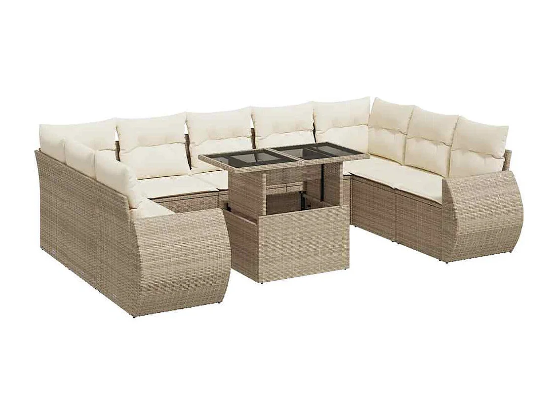 10-tlg. Garten-Sofagarnitur mit Kissen Beige Poly Rattan