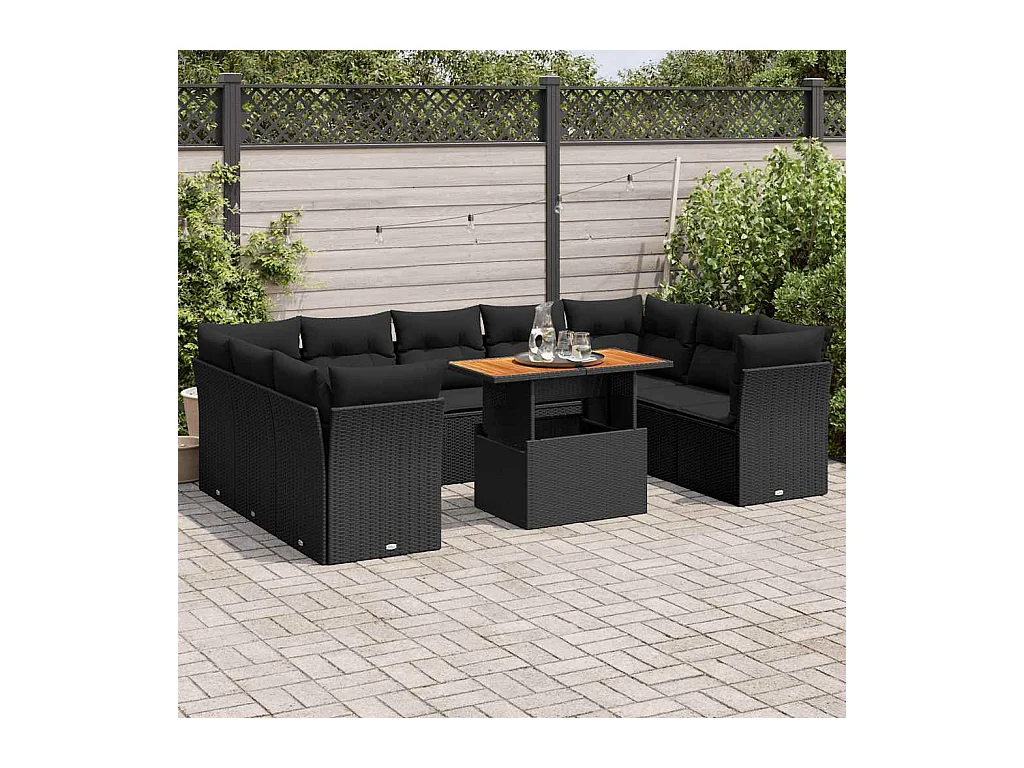 10-tlg. Garten-Sofagarnitur mit Kissen Schwarz Poly Rattan