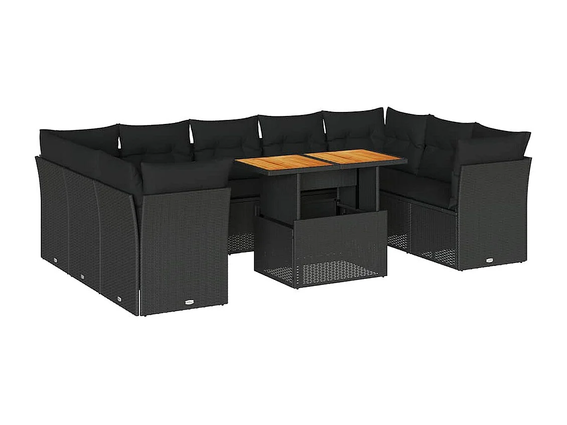 10-delige Loungeset met kussens poly rattan zwart