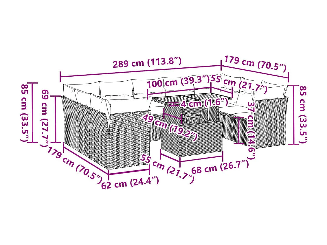 10-delige Loungeset met kussens poly rattan zwart