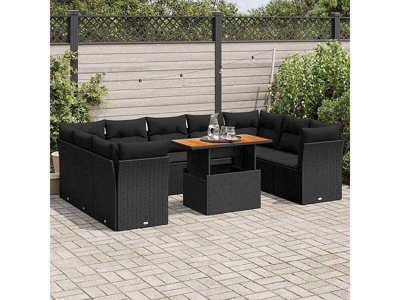Salon de jardin 10 pcs avec coussins noir résine tressée