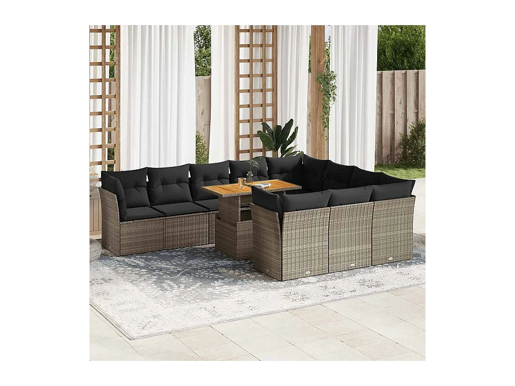 Salon de jardin 11 pcs avec coussins gris résine tressée