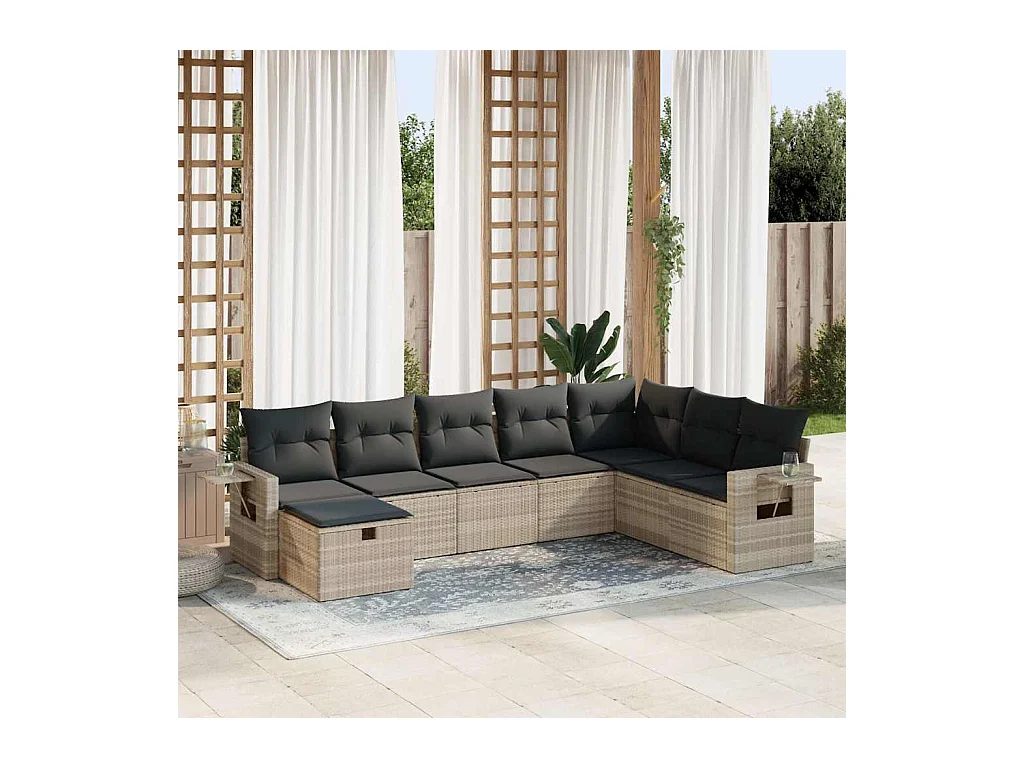 8-tlg. Garten-Sofagarnitur mit Kissen Hellgrau Poly Rattan