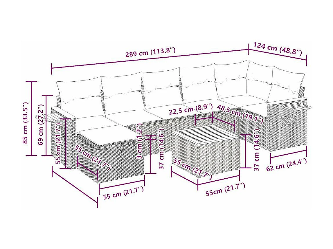 Salon de jardin 8 pcs avec coussins noir résine tressée