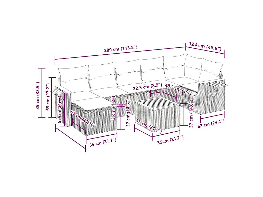8-tlg. Garten-Sofagarnitur mit Kissen Schwarz Poly Rattan