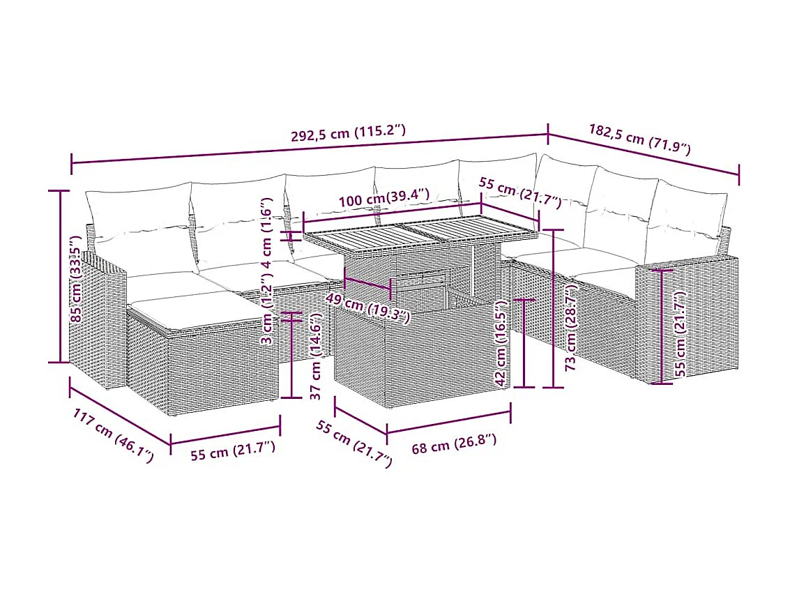 Set de sofás de jardín con cojines 9 pzas ratán sintético gris