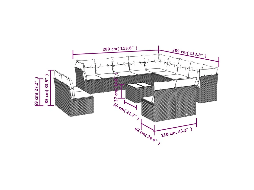 14-delige Loungeset met kussens poly rattan bruin