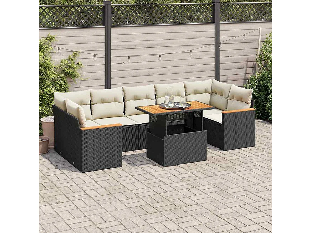 Salon de jardin avec coussins 8 pcs noir résine tressée acacia