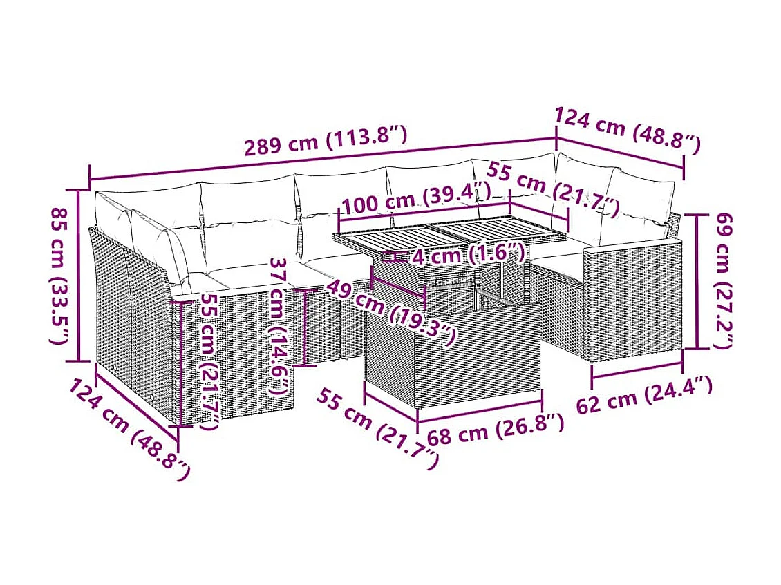 8-delige Loungeset met kussens poly rattan acacia zwart