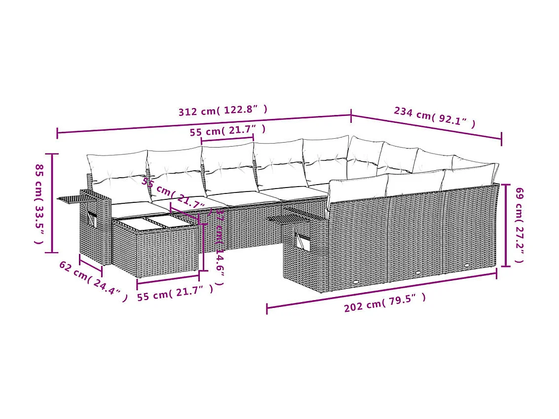 11-tlg. Garten-Sofagarnitur mit Kissen Braun Poly Rattan