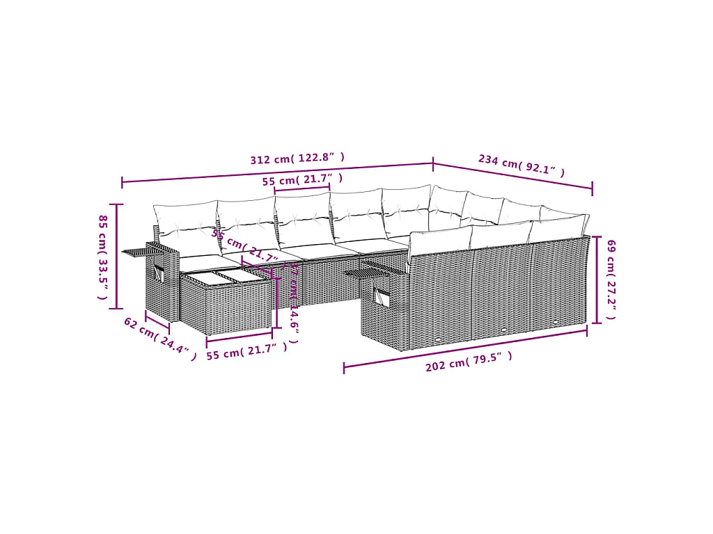 11-delige Loungeset met kussens poly rattan bruin