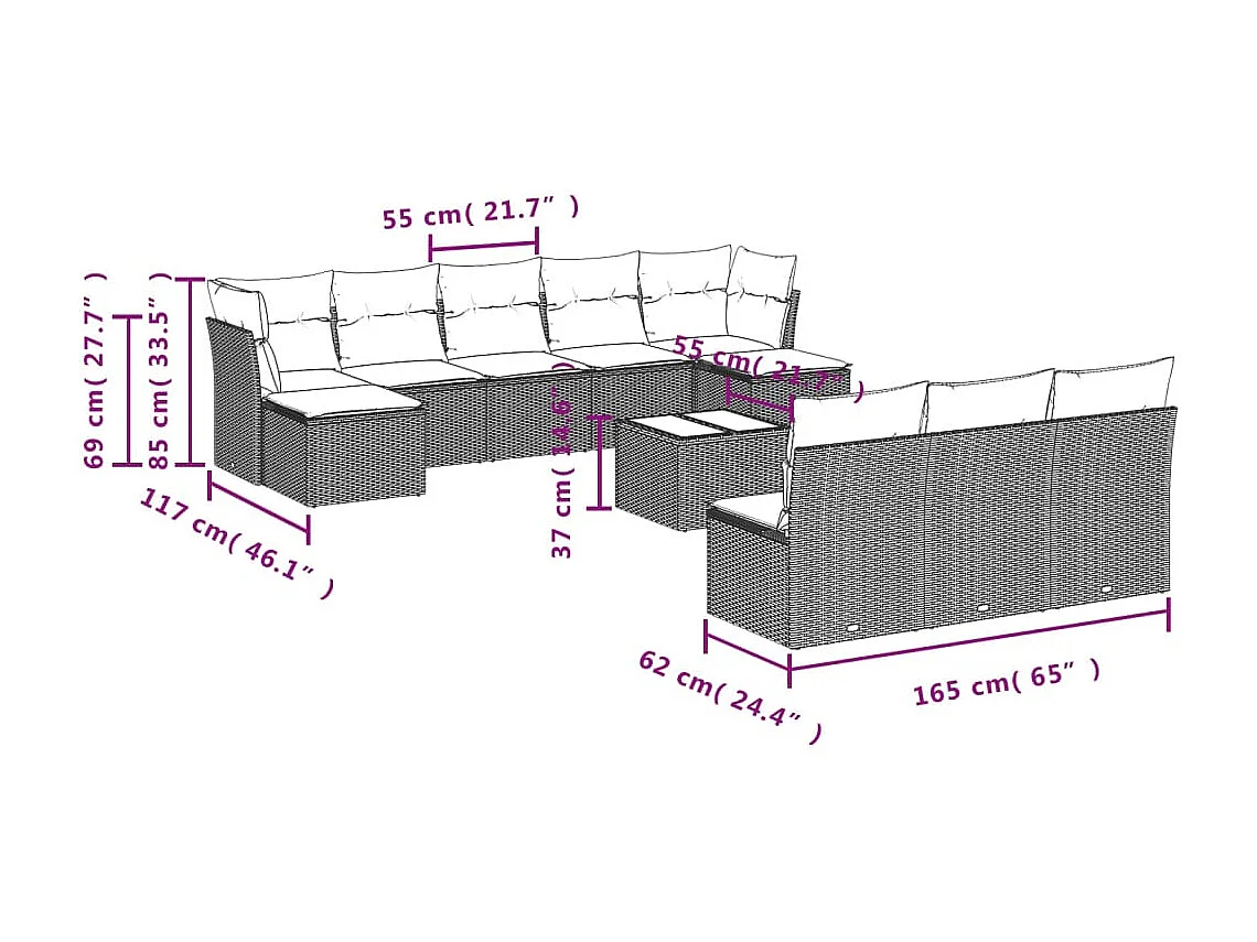 11-delige Loungeset met kussens poly rattan bruin