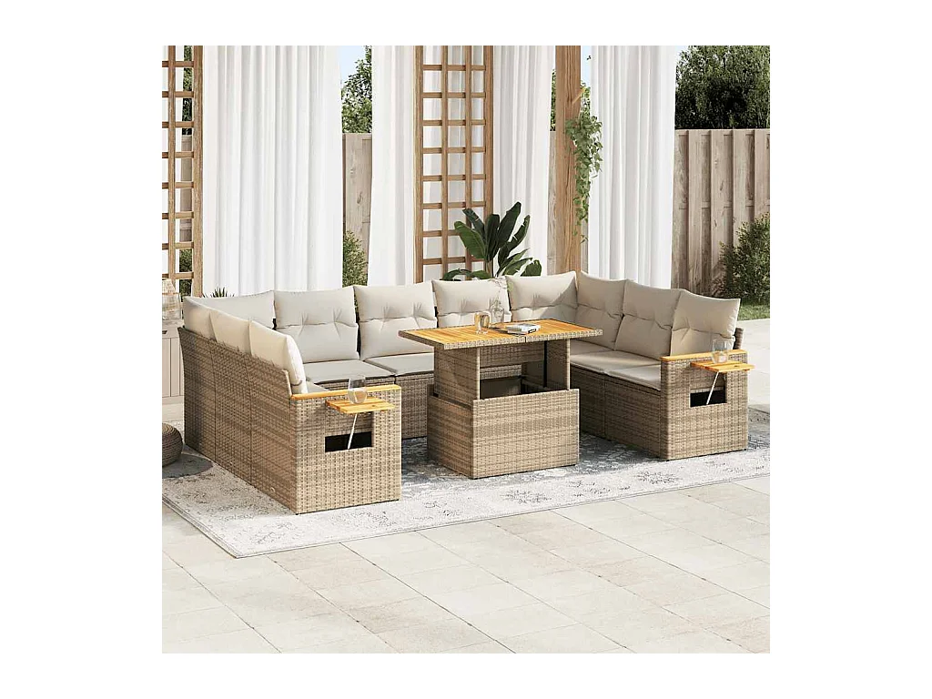 Salon de jardin avec coussins 10pcs beige résine tressée acacia