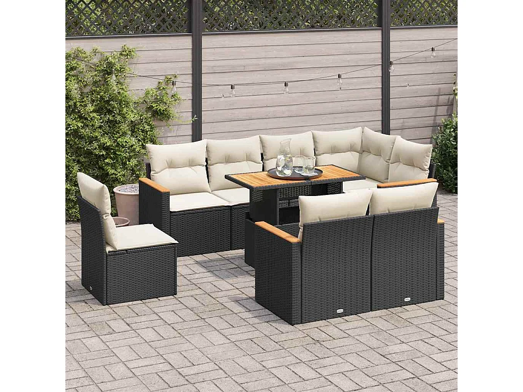Salon de jardin avec coussins 9 pcs noir résine tressée acacia