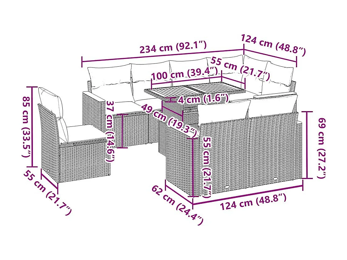 Set sofás jardín y cojines 9 pzas ratán sintético acacia negro
