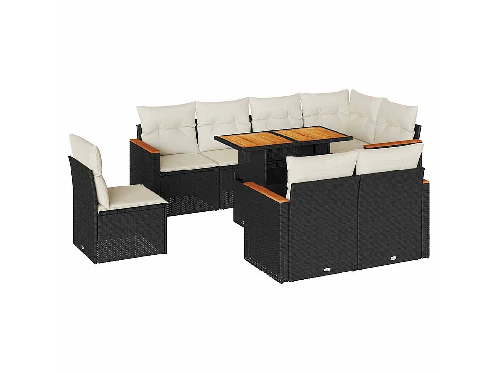 Set sofás jardín y cojines 9 pzas ratán sintético acacia negro