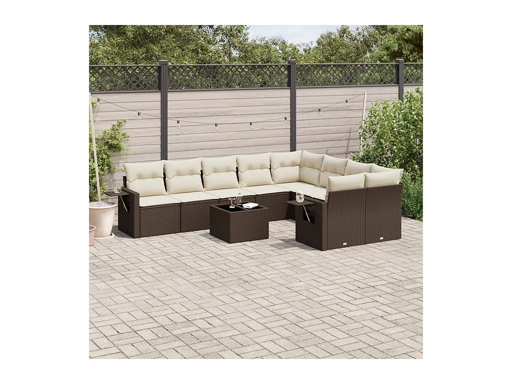 Salon de jardin 10 pcs avec coussins marron résine tressée