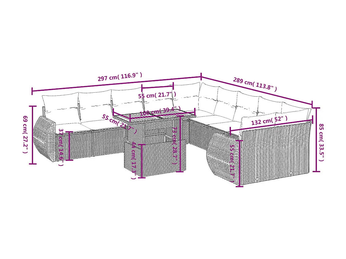 11 pcs conjunto sofás de jardim c/ almofadões vime PE bege
