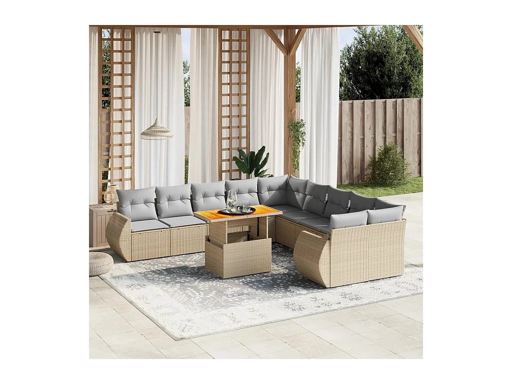 Salon de jardin 11 pcs avec coussins beige résine tressée