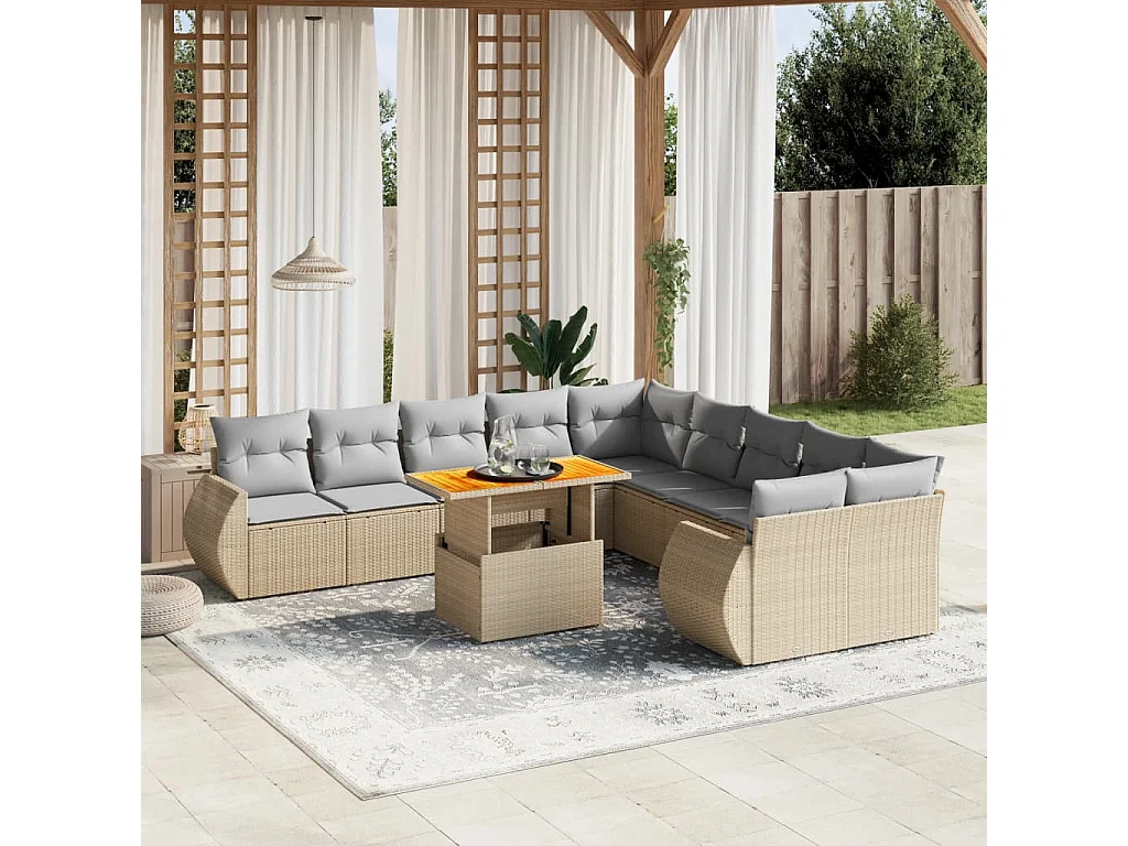 11-tlg. Garten-Sofagarnitur mit Kissen Beige Poly Rattan