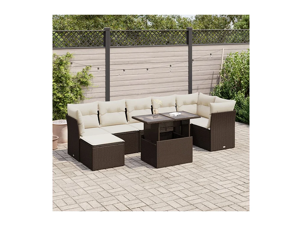 Salon de jardin 8 pcs avec coussins marron résine tressée