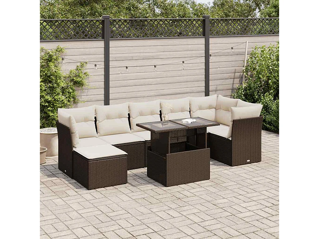 8-tlg. Garten-Sofagarnitur mit Kissen Braun Poly Rattan