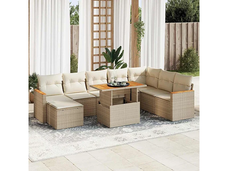 9-tlg. Garten-Sofagarnitur mit Kissen Beige Poly Rattan Akazie