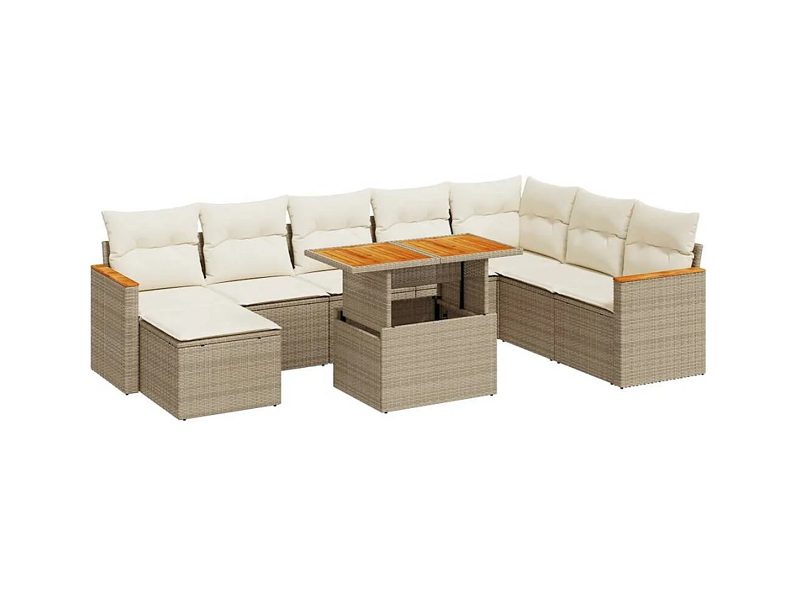 9-tlg. Garten-Sofagarnitur mit Kissen Beige Poly Rattan Akazie